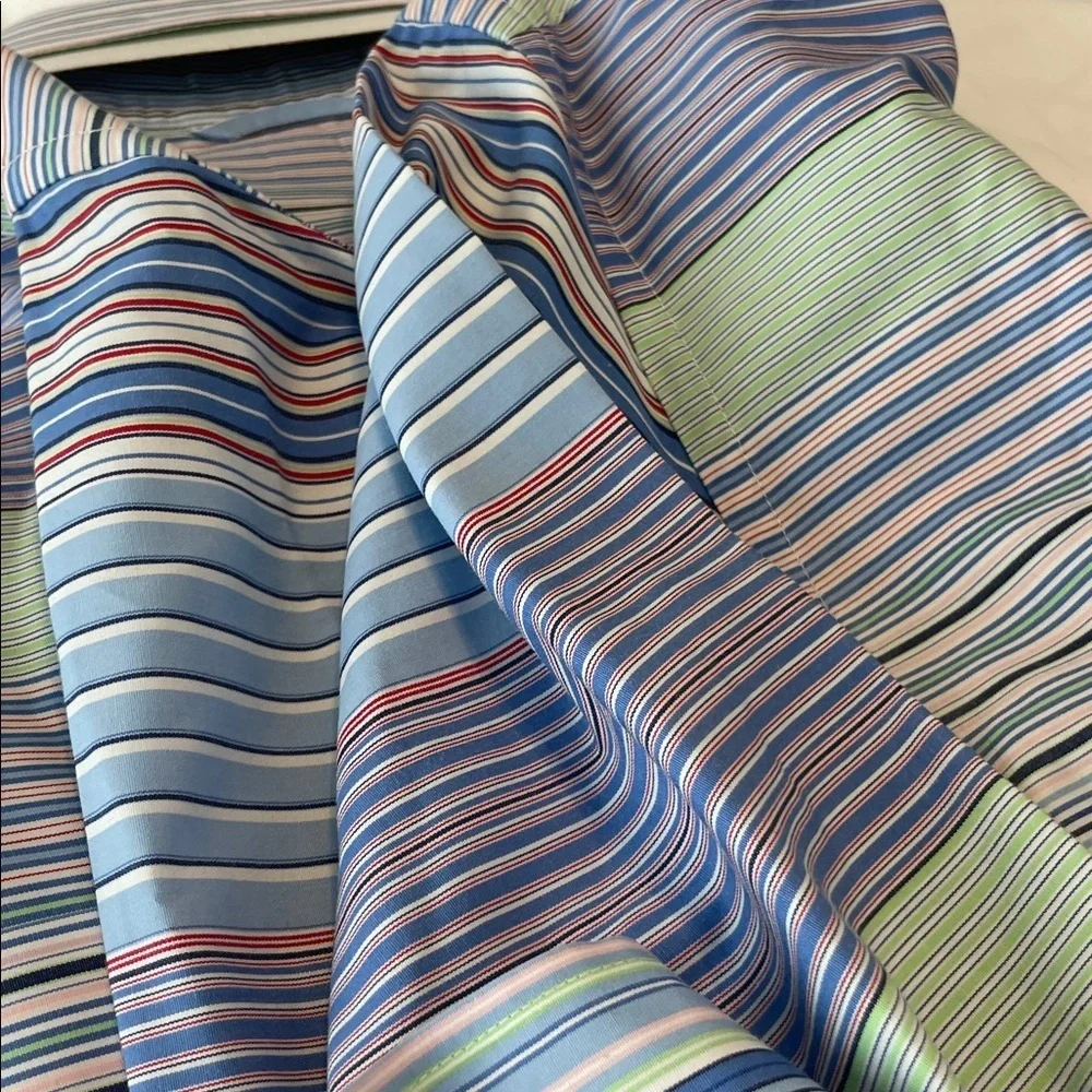 Tommy Hilfiger Men's Blue and Green Striped Dress Shirt